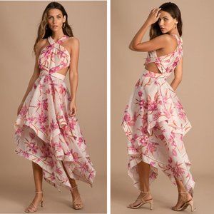 NEW Lulu's Only a Dream Peach Floral Print Cutout Handkerchief Maxi Dress